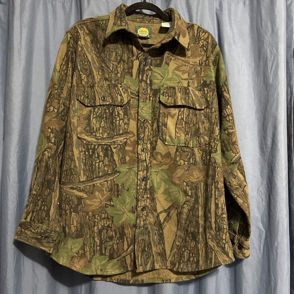 Vintage 90s Cabela's ReBark Camo Hunting Shirt L Made USA 100% Cotton